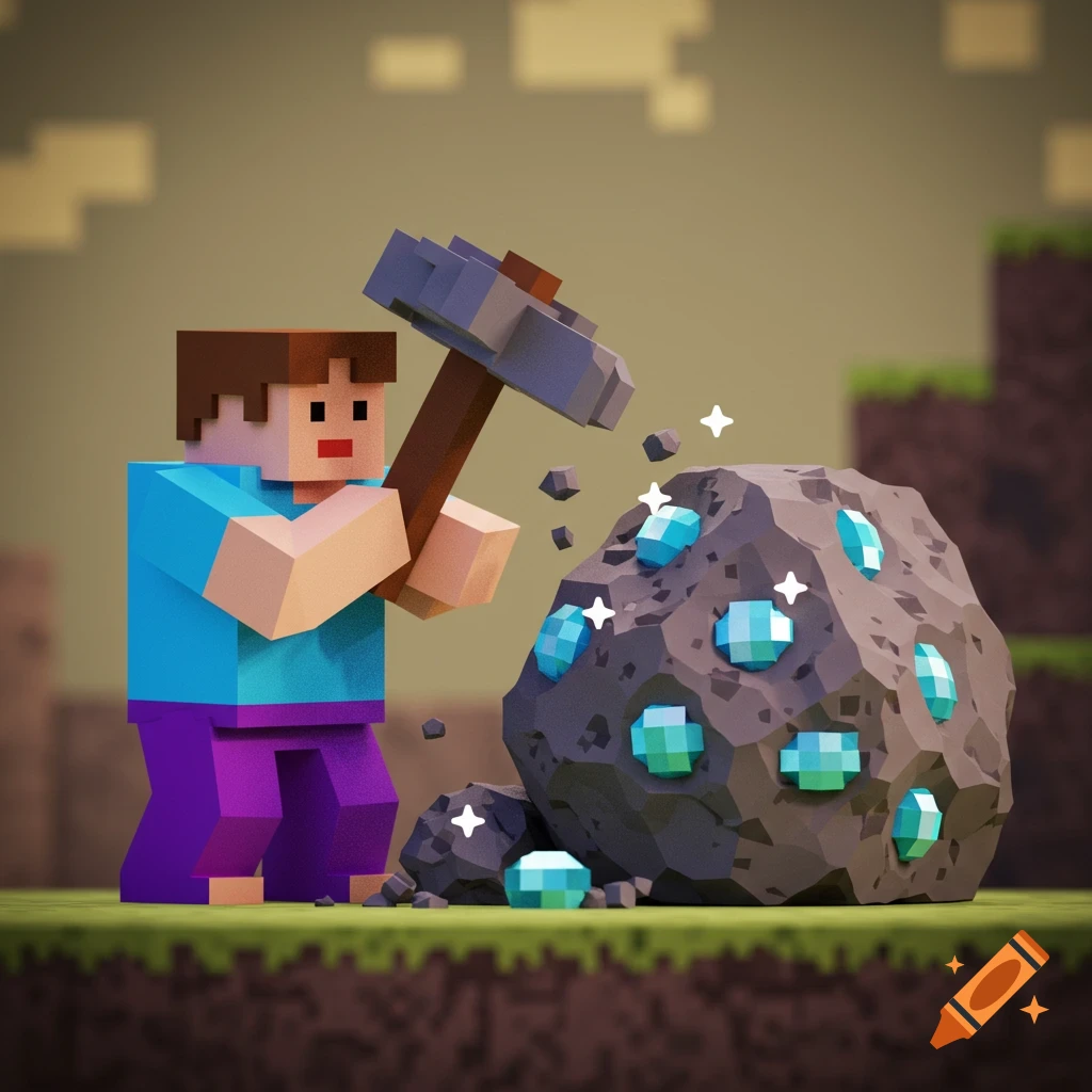 Blocky character mining diamonds with a pickaxe in a Minecraft-style world.