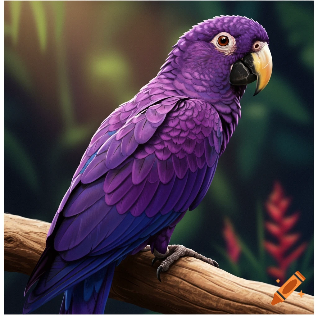 A vibrant purple macaw bird perched on a branch.