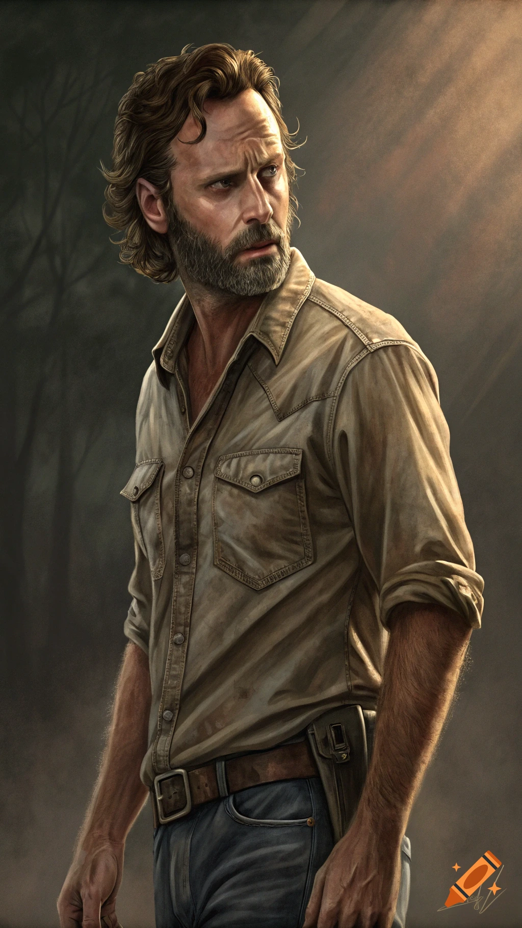 Illustrative portrait of a bearded man in a western shirt looking intensely to the side in a dark setting.