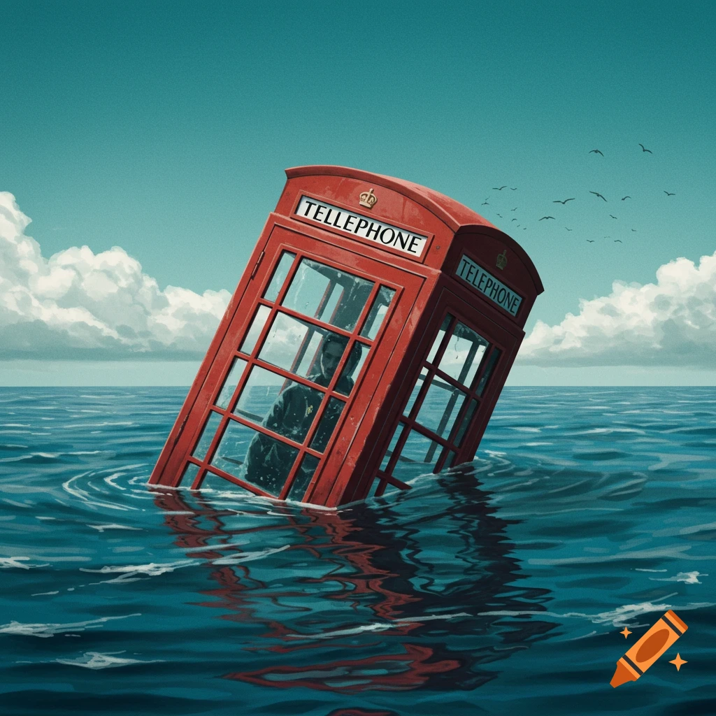 A surreal image of a red telephone booth sinking in the ocean with a person inside.