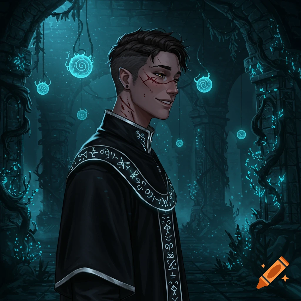 Anime style character in a black arcane robe smiling in a magical dungeon with scars on his face.
