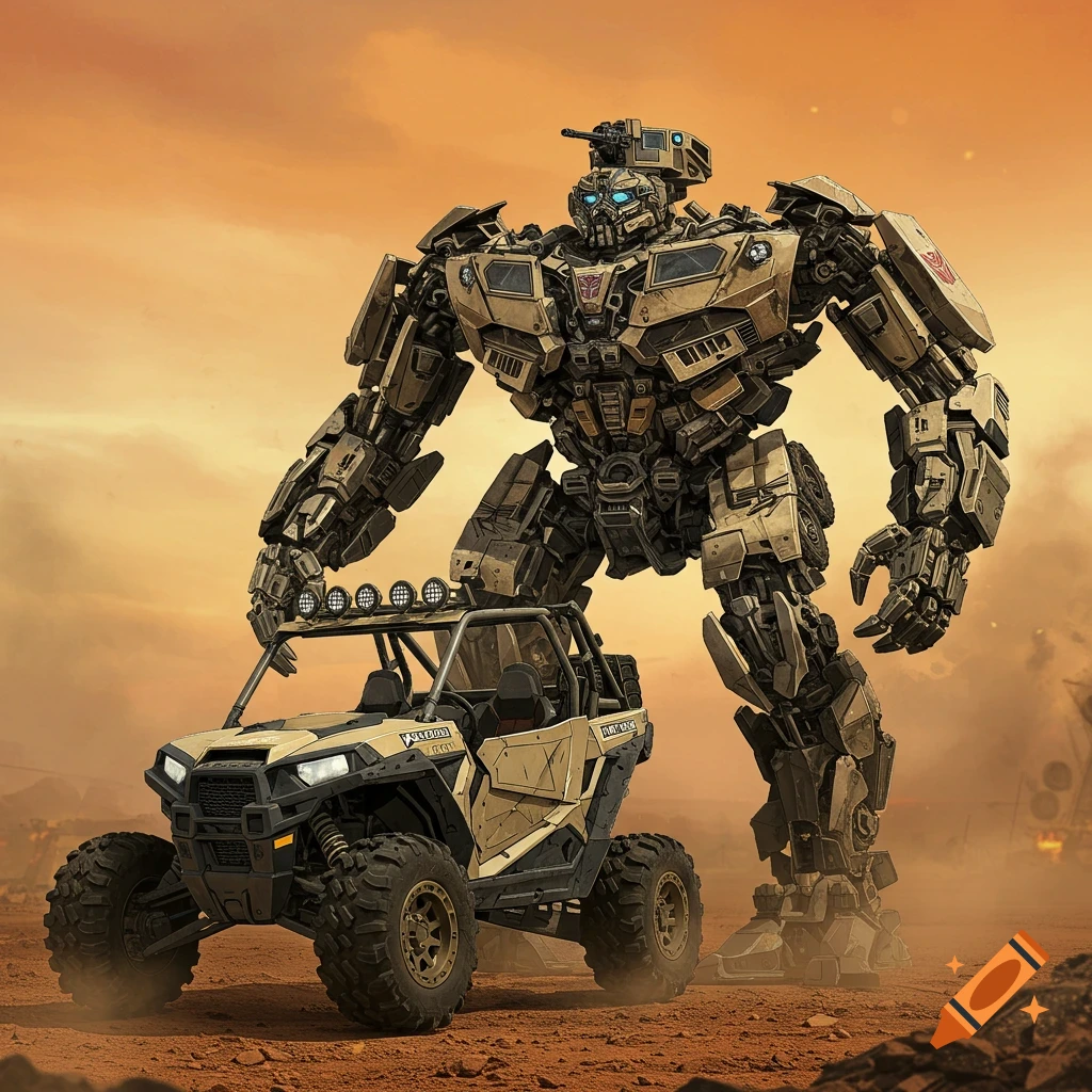 A large brown robot stands next to a military vehicle in a desert.