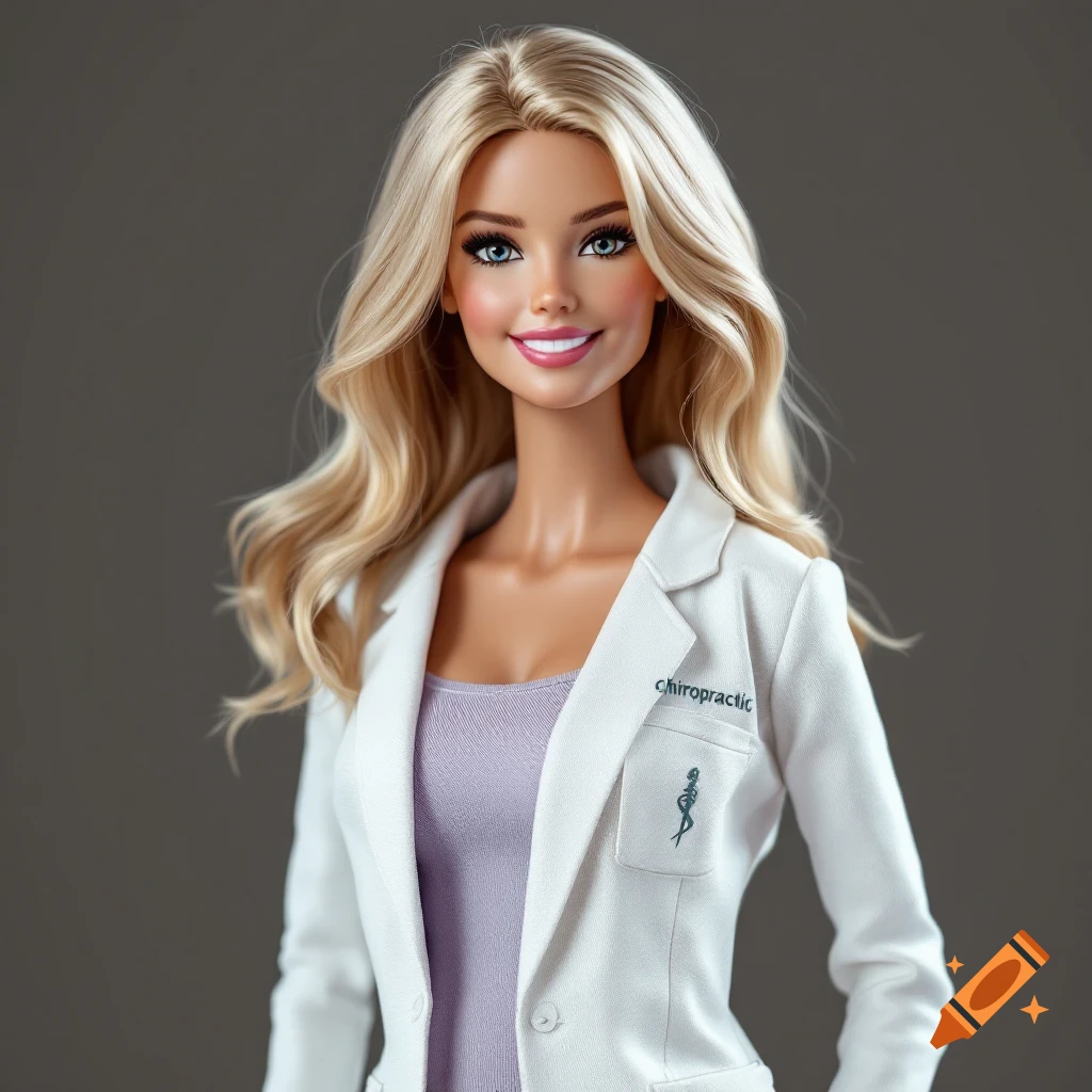 Photorealistic portrait of a blonde doll in a white chiropractor coat.
