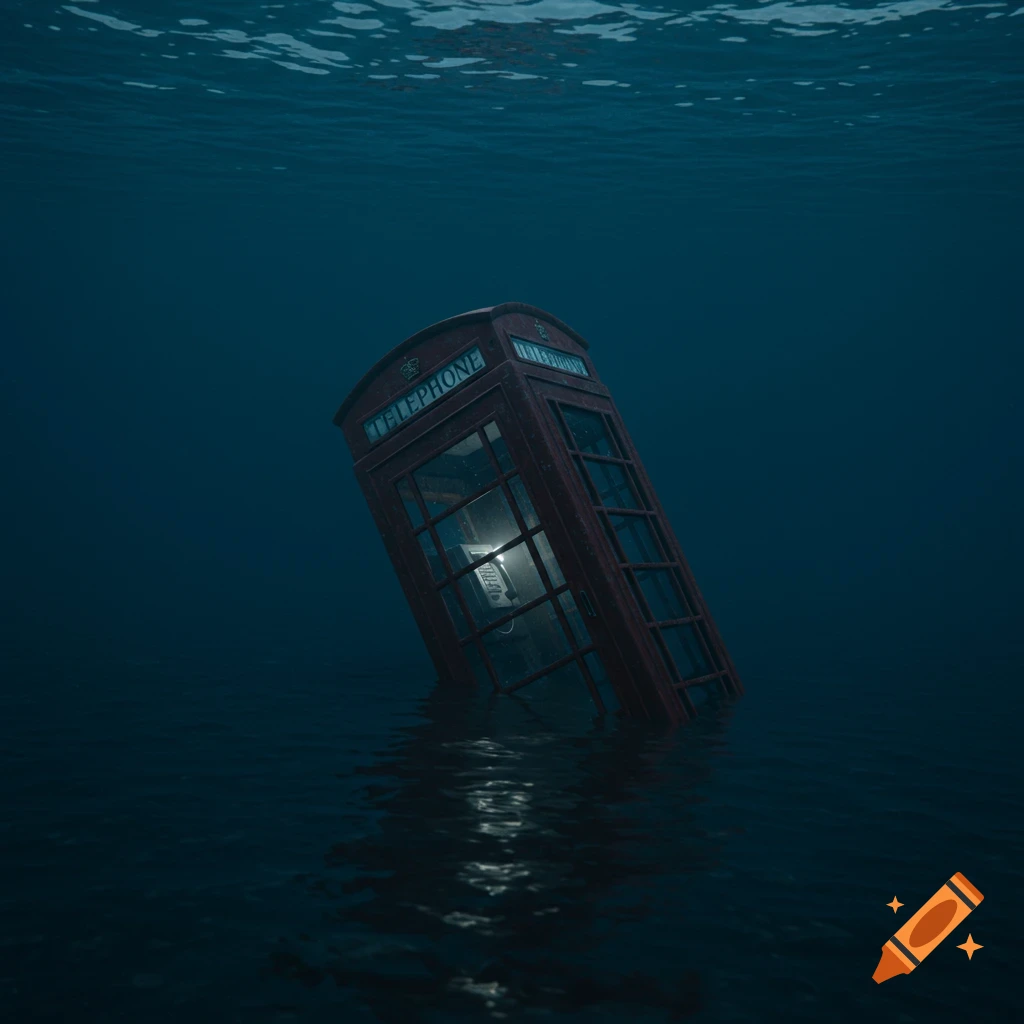 A red British telephone booth is partially submerged in deep, dark water, with light visible inside.