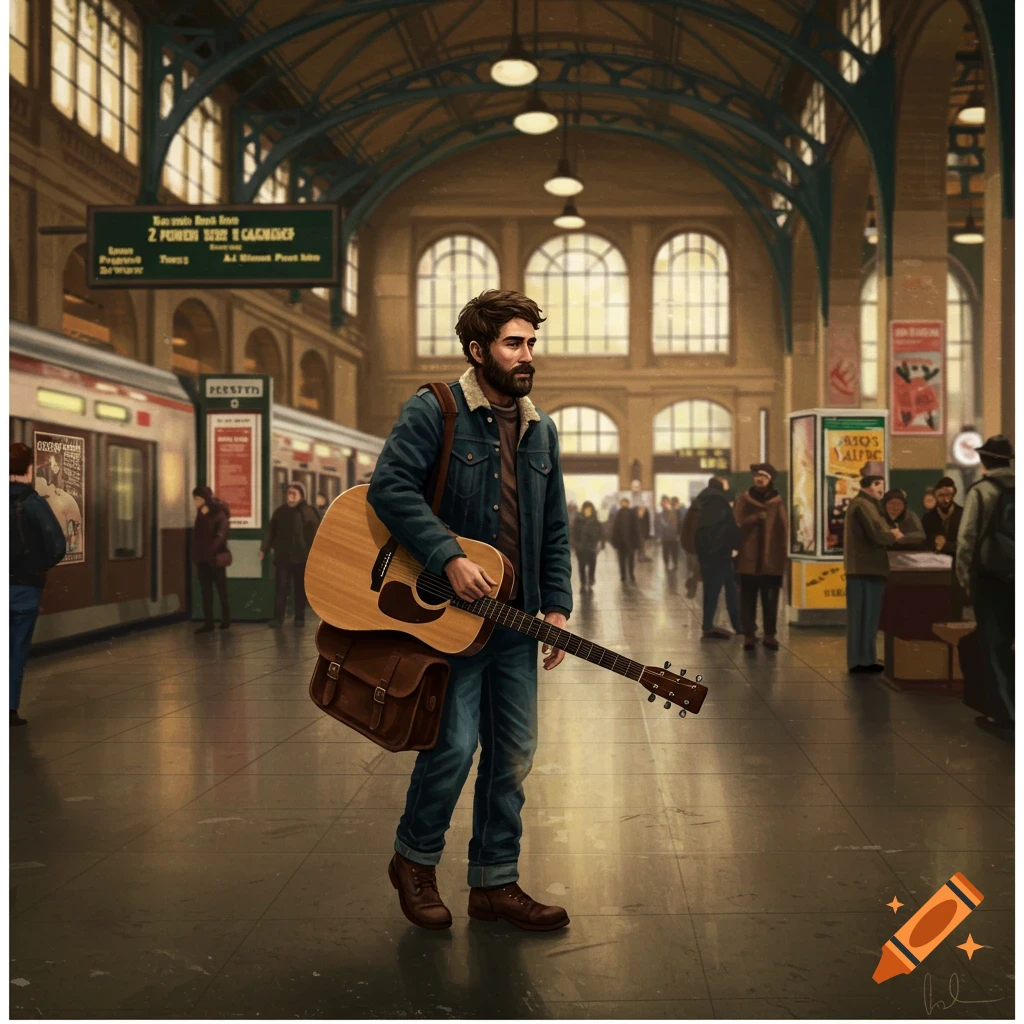 A man with a guitar walking in a train station