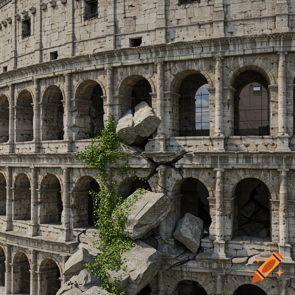Close-up of the damaged Roman Colosseum with large cracks, falling stones, and vines growing on its facade.