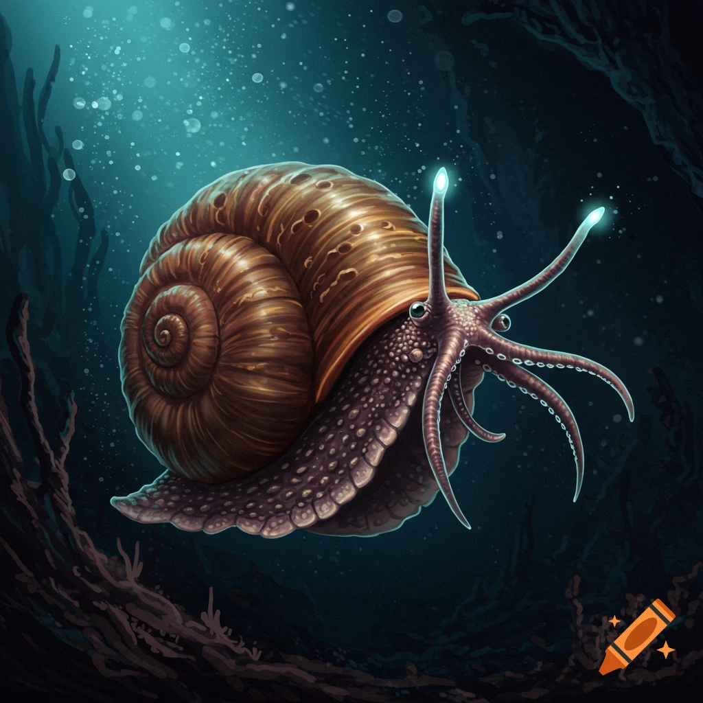 A fantasy snail creature with tentacles and glowing eyes swims in a dark underwater trench, digital art.