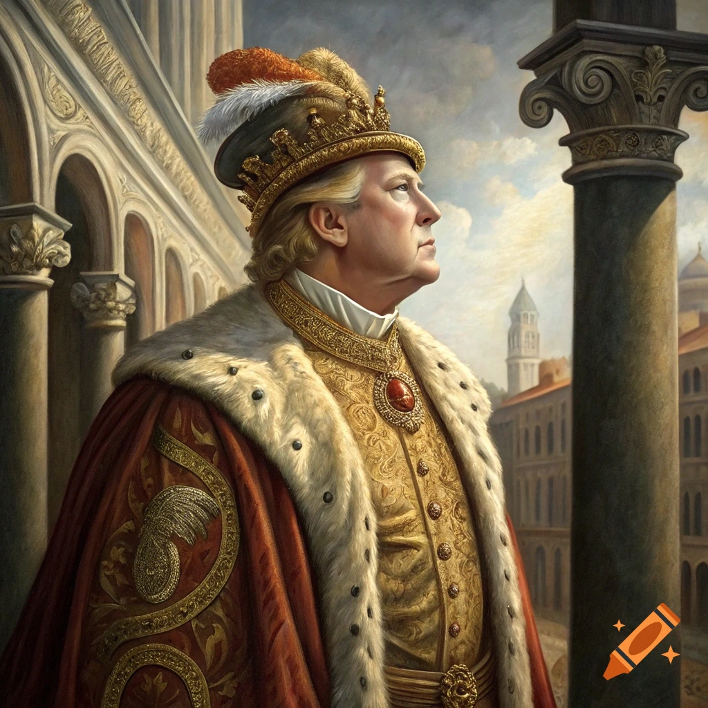 A renaissance-style painting portrait of a man resembling Donald Trump in royal attire, looking upwards with an architectural background.