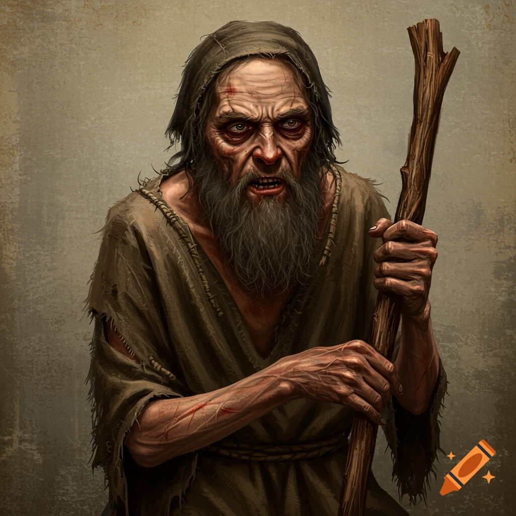 Close-up illustration of a disheveled old man with a beard, wearing a tattered robe and holding a staff.