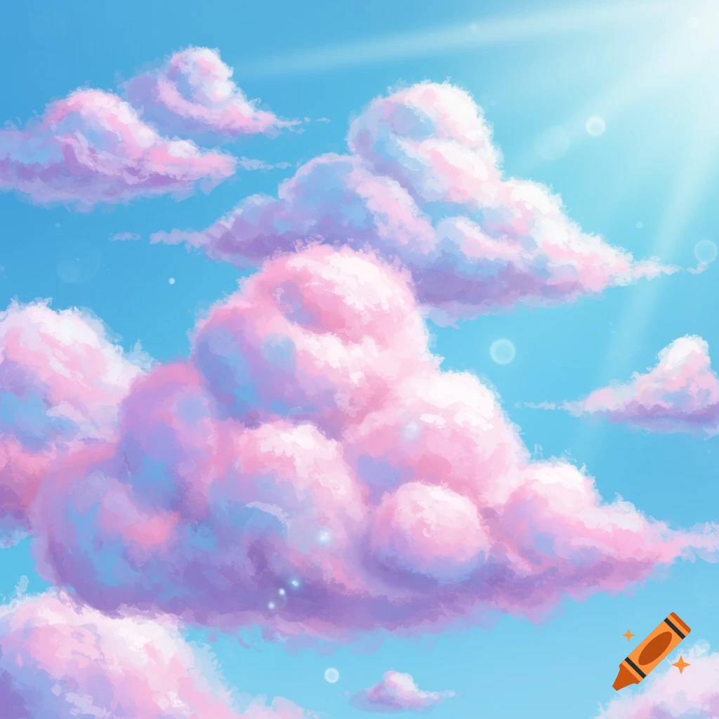 Pink and purple clouds in a bright blue sky with sunlight.
