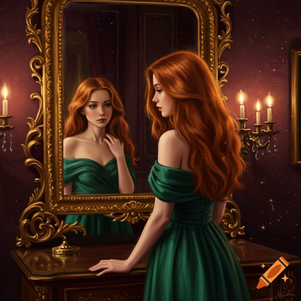 A red-haired woman in a green dress looks in a gold-framed mirror.