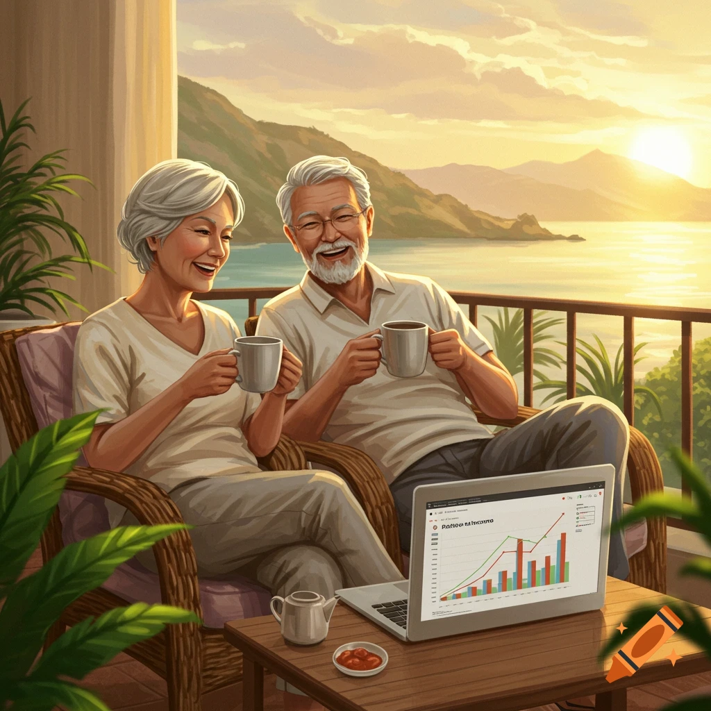 An elderly couple relax on a balcony, drinking coffee and looking at a laptop with graphs, overlooking a golden sunset over the ocean.