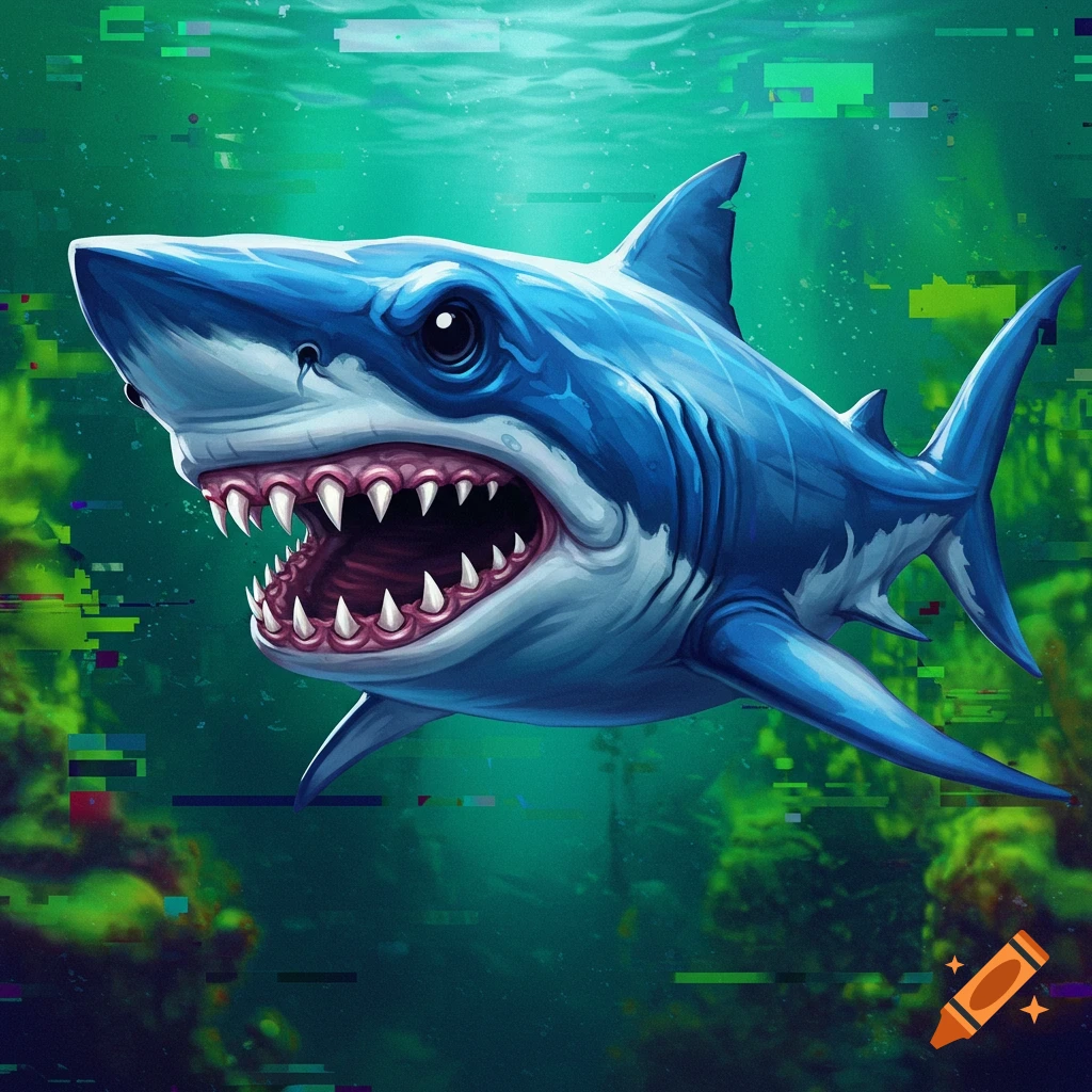A cartoon shark with sharp teeth swims underwater with digital glitch effects in the background.