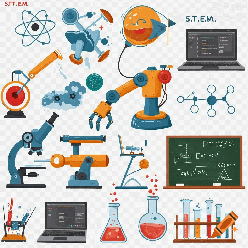 STEM objects including microscopes, robots, beakers, laptops, and an atom symbol.