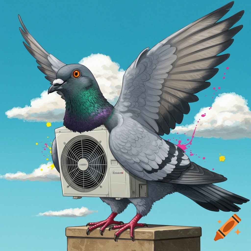 A pigeon is carrying an air conditioning unit.