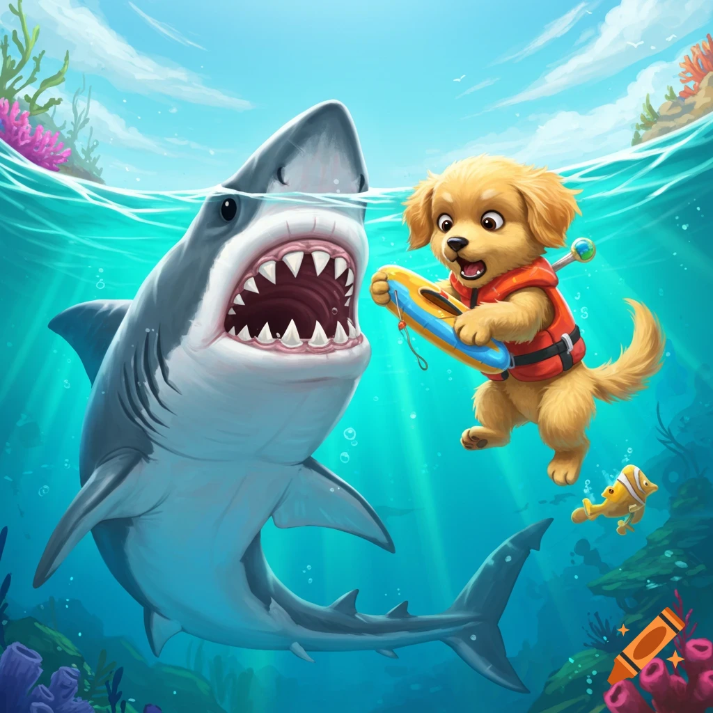 Cartoon of a puppy in a life jacket with a surfboard facing a large shark underwater.
