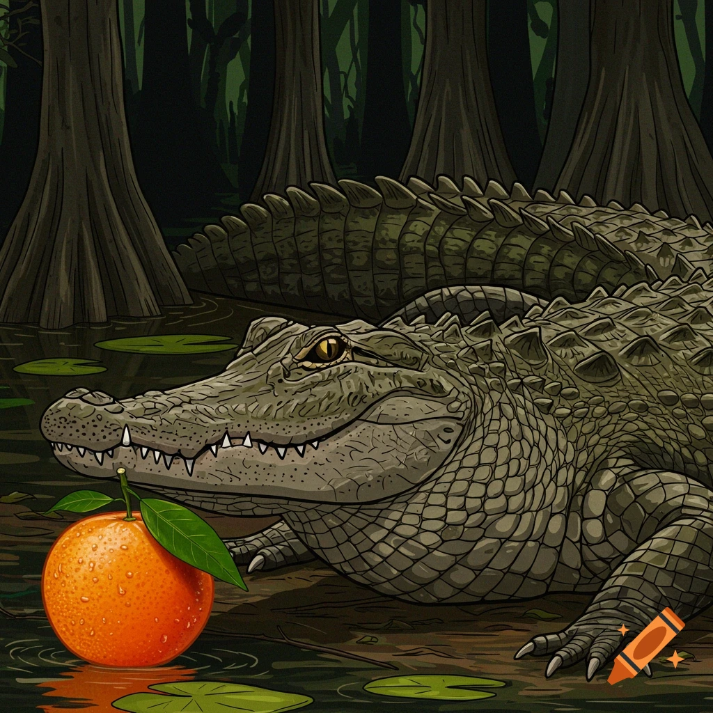 An alligator and an orange in a swamp.