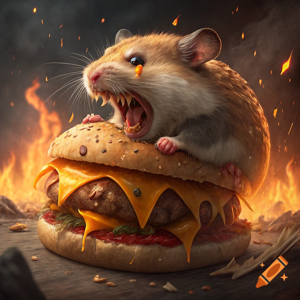 A large, angry hamster with sharp teeth sits on a cheeseburger surrounded by fire.