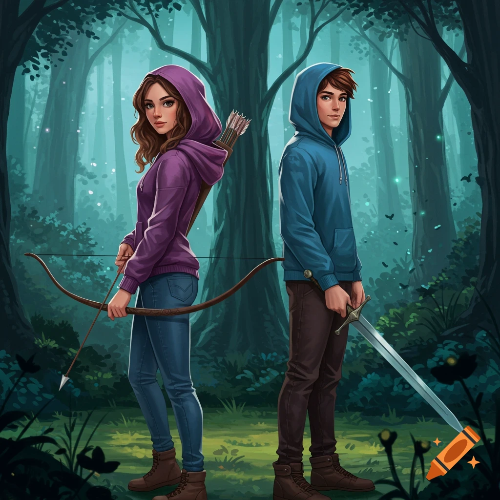 Digital illustration of a young woman with a bow and a young man with a sword standing back-to-back in a mystical forest.