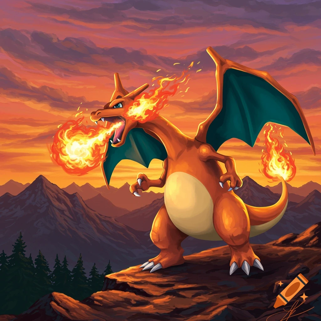 Charizard breathing fire on a mountain peak at sunset.