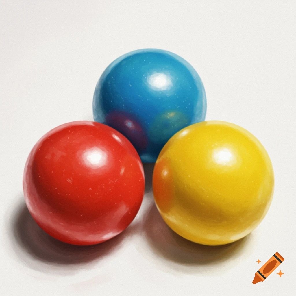 Three shiny gum balls, red, blue, and yellow, on a white background.
