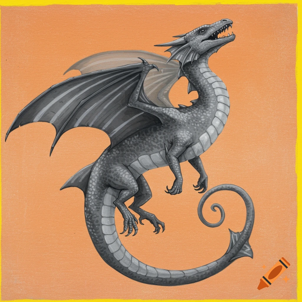 Illustration of a grey dragon with open mouth and curled tail on an orange background with a yellow border.