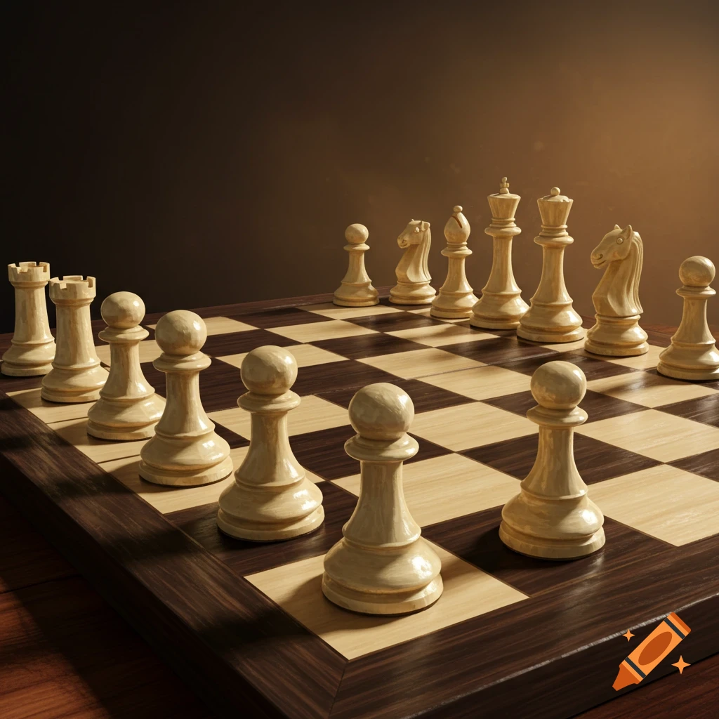 A wooden chess board with white pieces set up