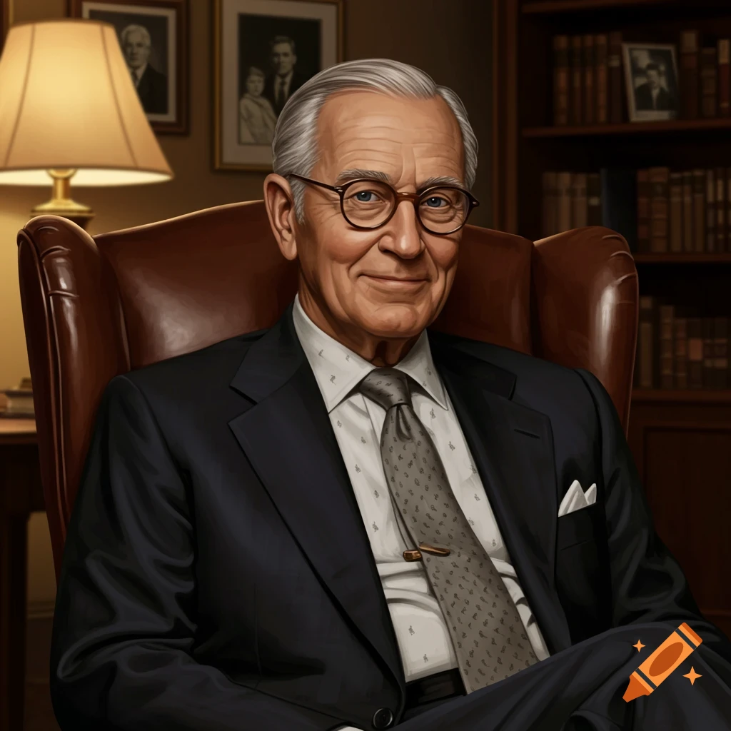 An older man in a suit is sitting in a leather chair in a study.