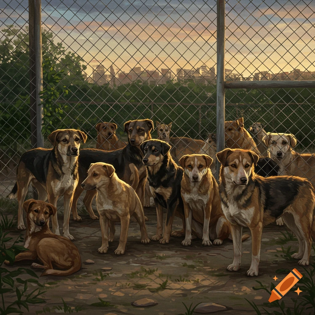Multiple stray dogs in a fenced shelter enclosure at sunset.