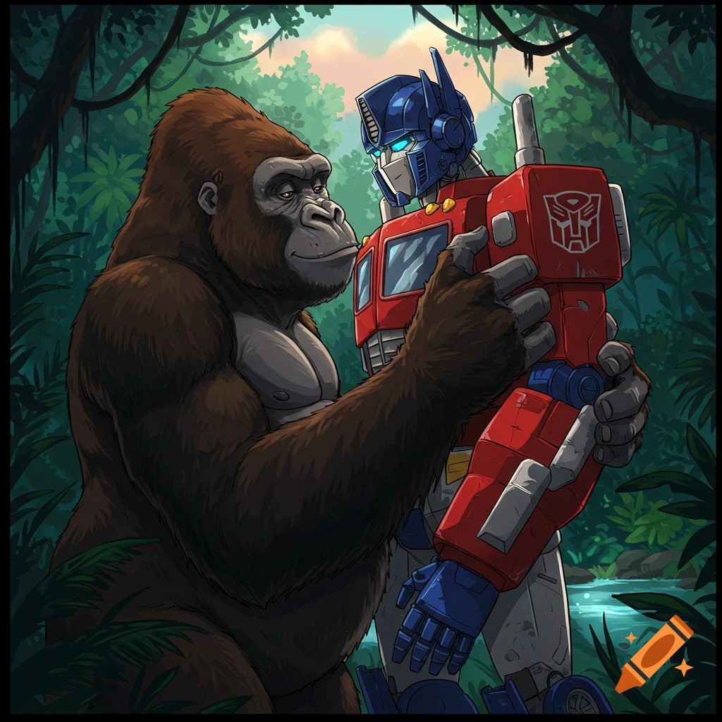 A gorilla embracing Optimus Prime in a jungle.