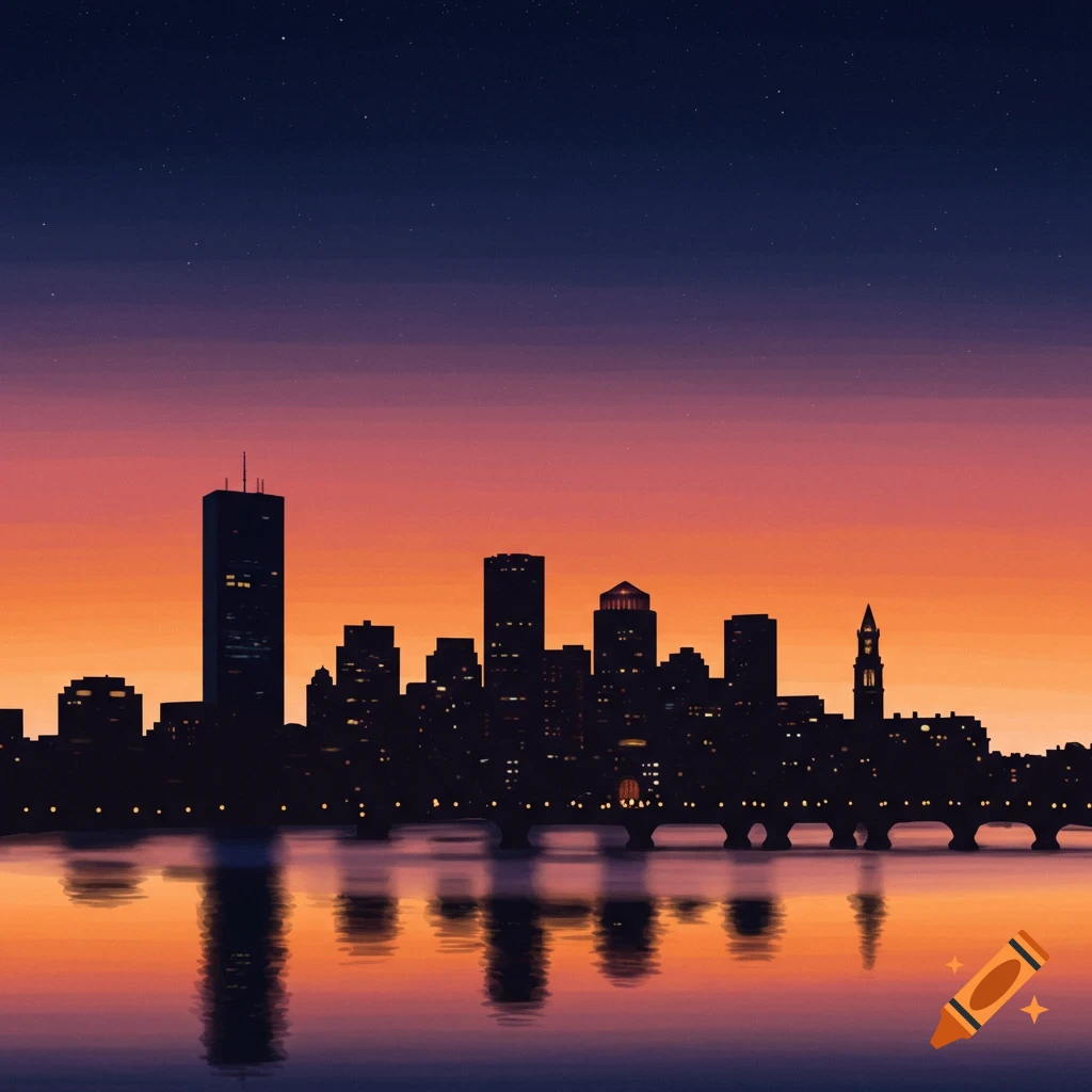 A city skyline silhouette reflected in water at sunset.