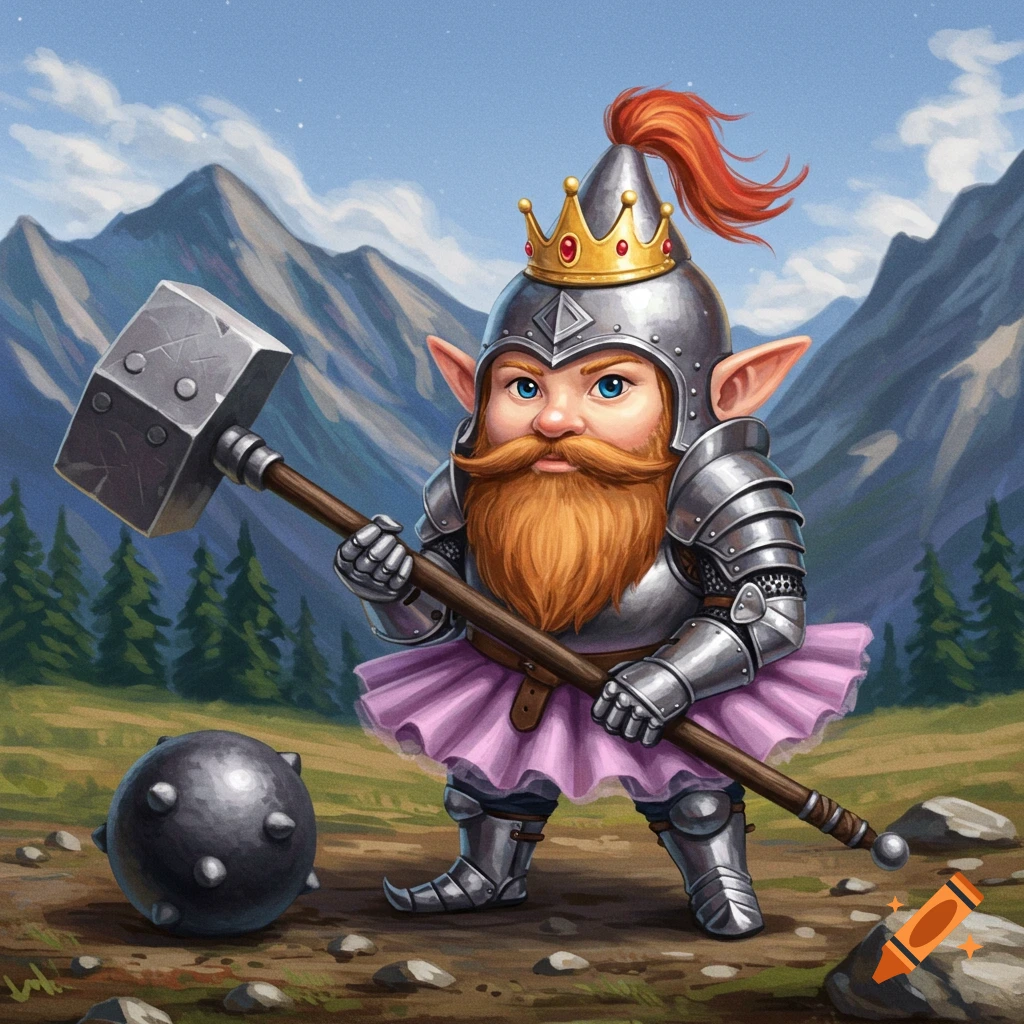 A cute gnome warrior in armor and a pink tutu holding a large hammer in the mountains.