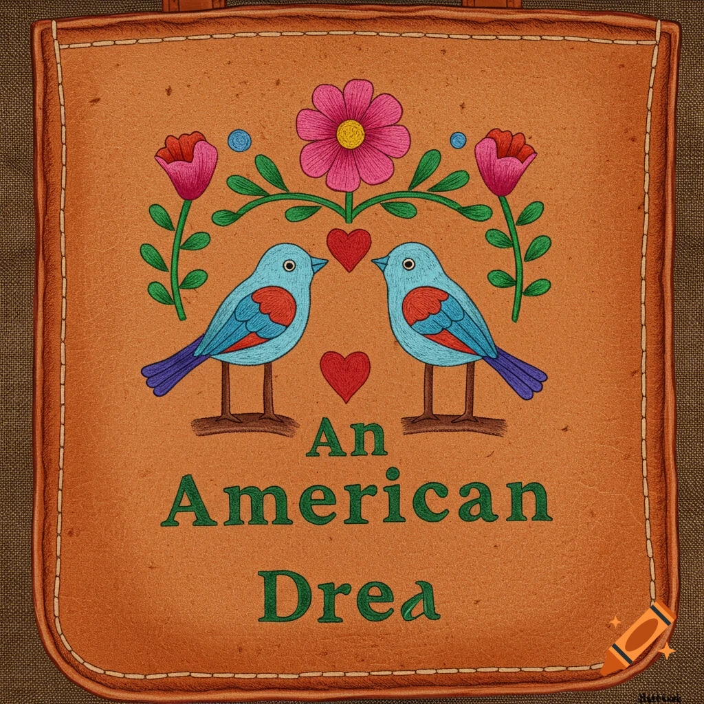 Folk art style illustration of two birds, flowers, and hearts on a bag with the text 'An American Drea'.