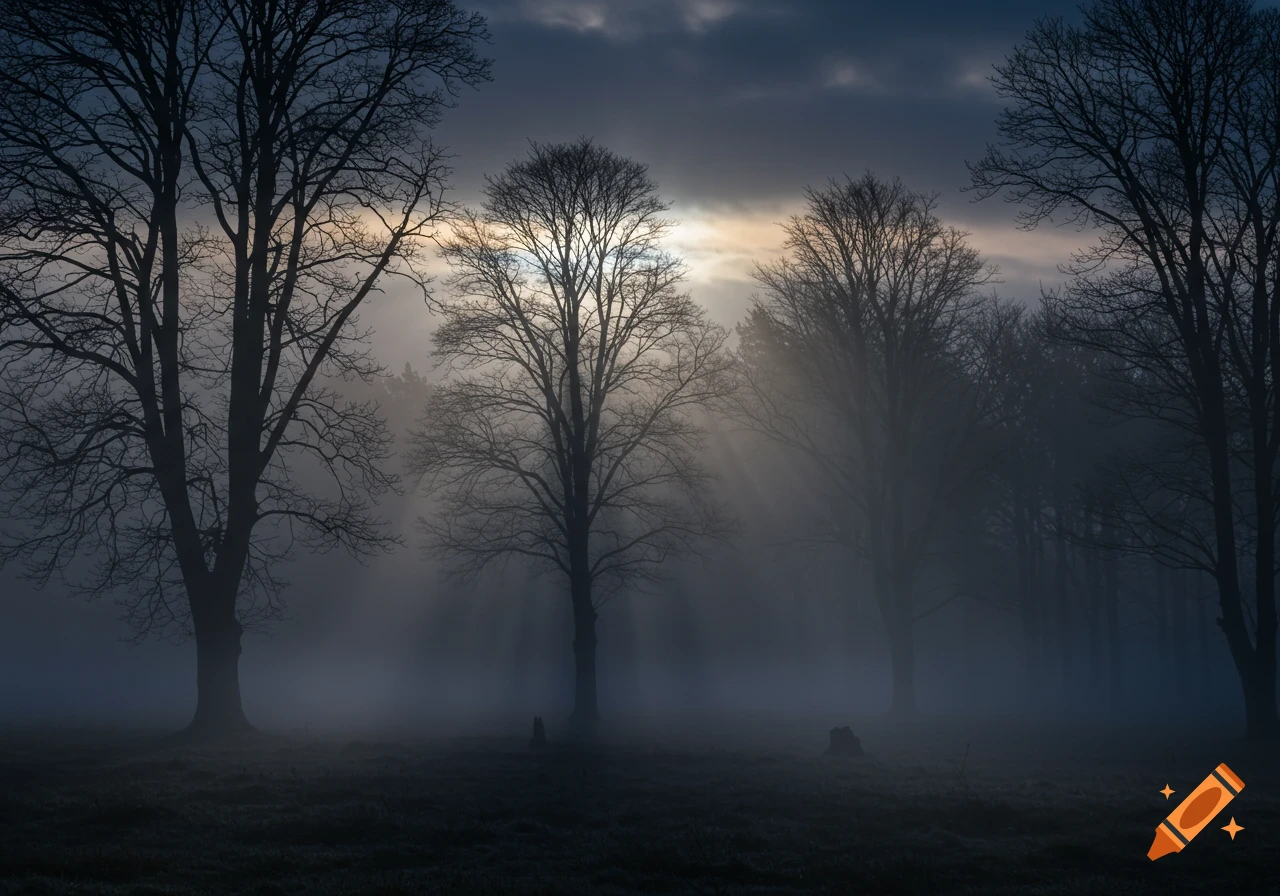 Misty forest scene at twilight with sun rays breaking through clouds