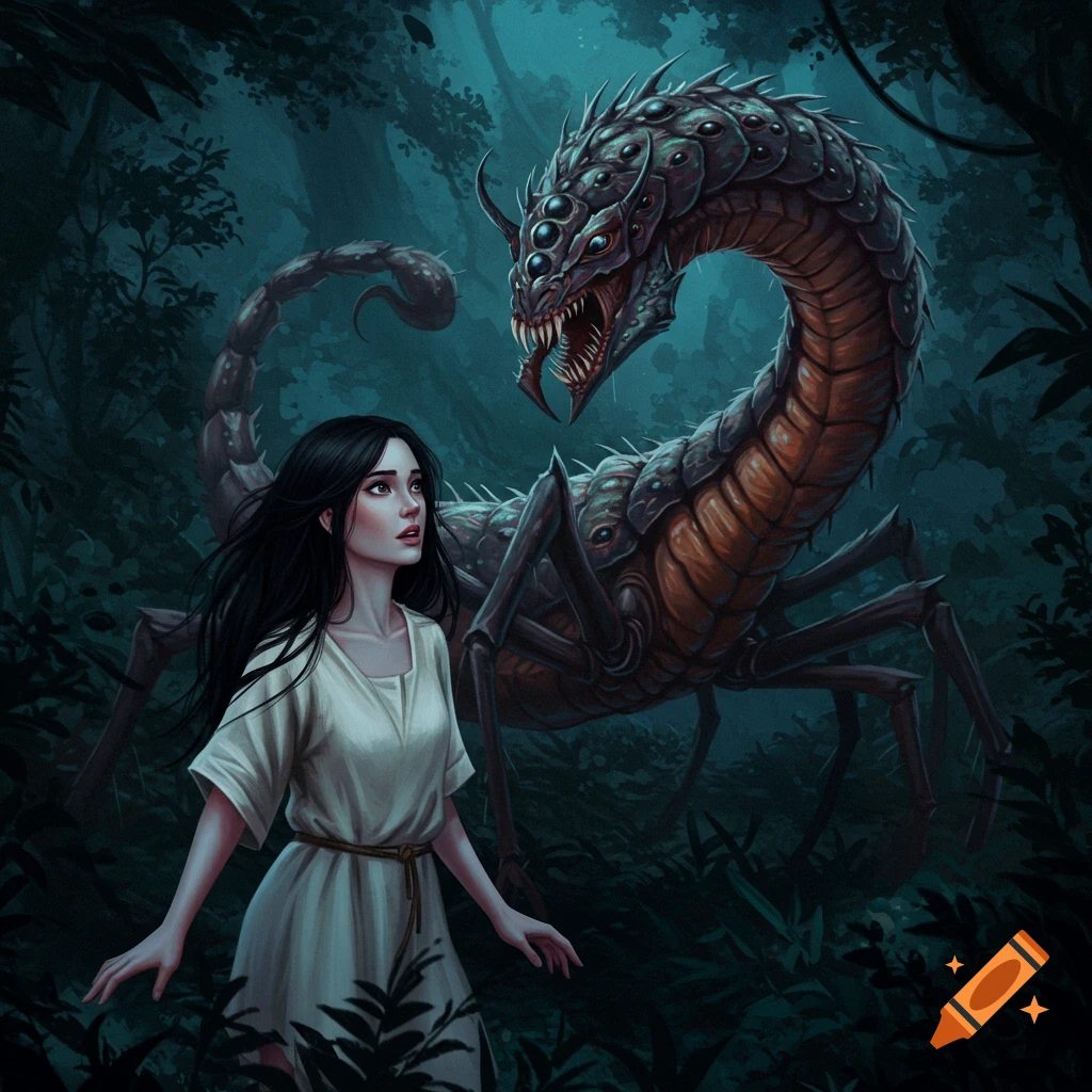 A woman faces a large scorpion-like monster in a dark forest.
