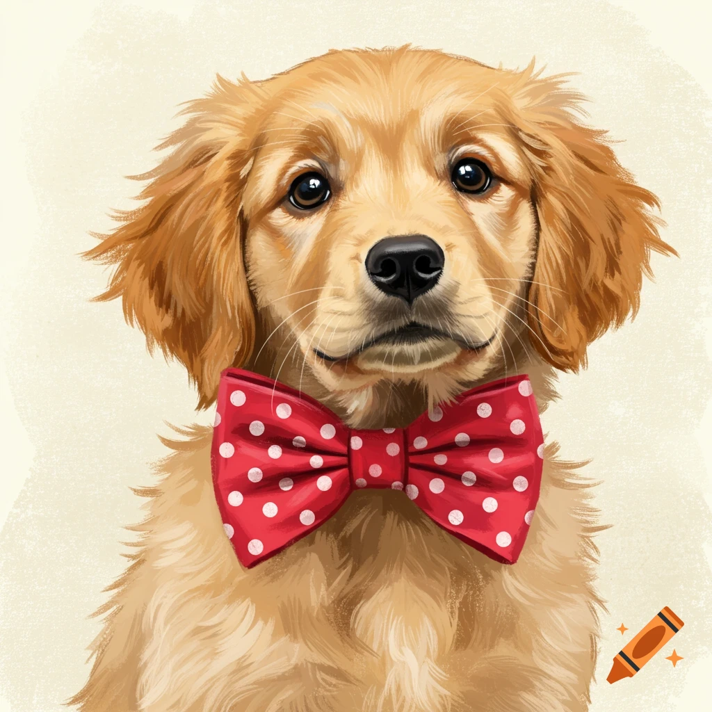 A golden retriever puppy is wearing a red polka dot bow tie.