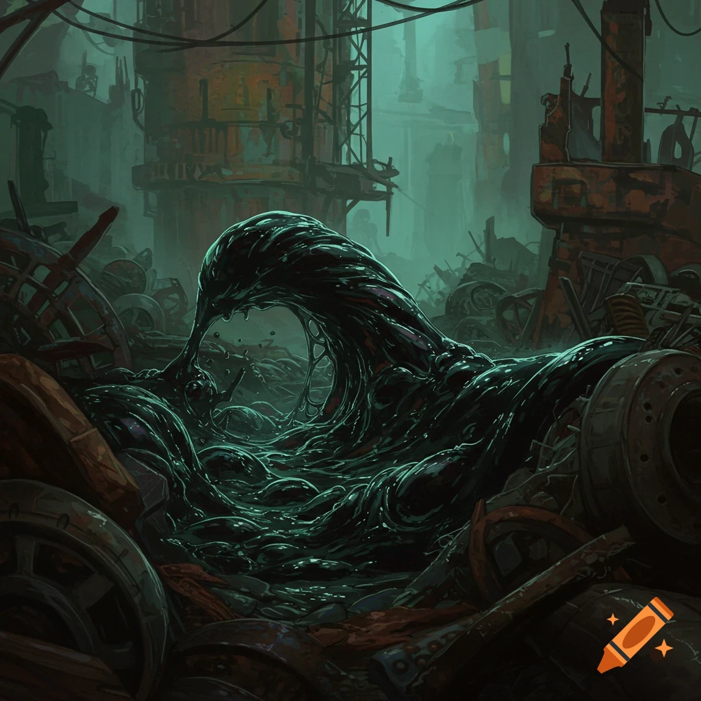 A dark, viscous ferrofluid ooze creature in a detailed scrapyard.