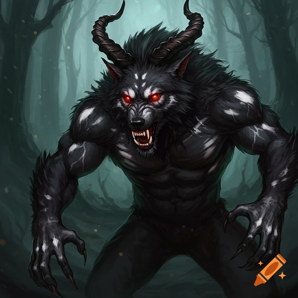Monstrous horned wolf creature with red eyes and black fur in a dark forest.