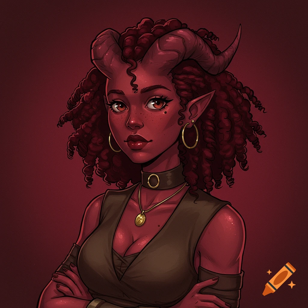 A close-up portrait of a red-skinned fantasy character with horns and curly red hair, wearing a dark top and necklace.