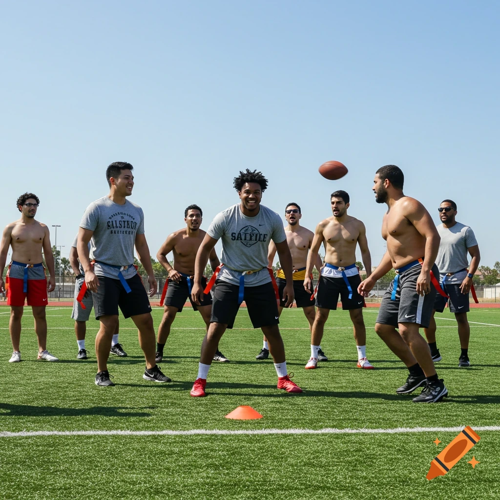 Men playing flag football on a grassy field.