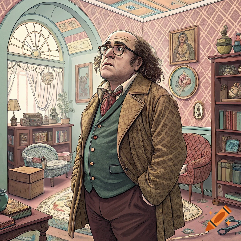 Portrait of a man resembling Danny Devito in period clothing in a Wes Anderson style interior.