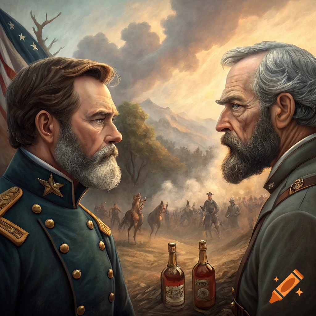 Two Civil War generals face each other with bottles in the foreground and soldiers battling in the background.