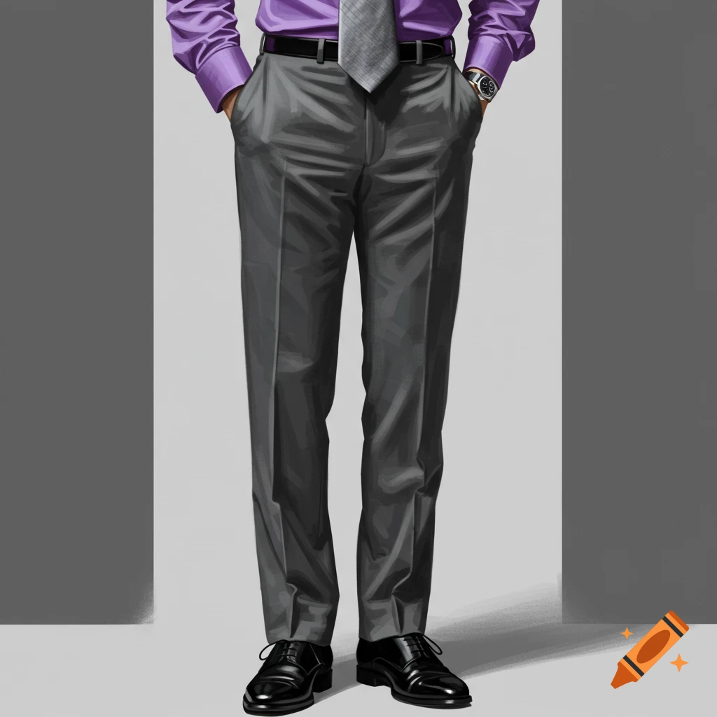 A man wearing a purple shirt, grey suit, silver tie, and black shoes.