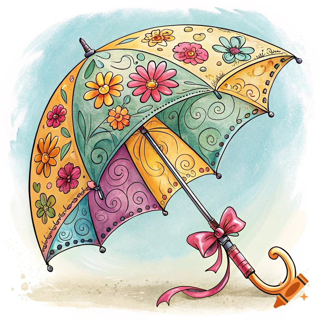 A colorful umbrella decorated with flowers and swirling patterns in a watercolor illustration style.