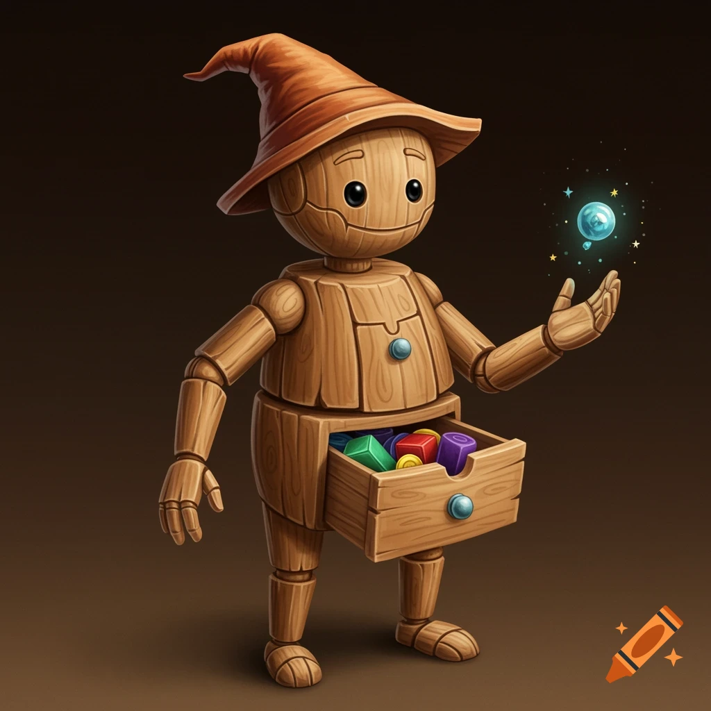 A wooden toy person with a pointed hat, holding a magic sphere, with a drawer open in its chest.