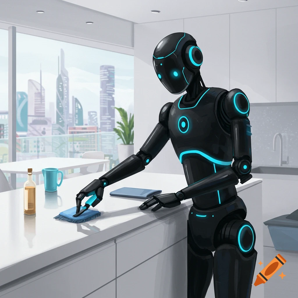 A futuristic black robot cleans a kitchen counter in a modern apartment with a cityscape view.
