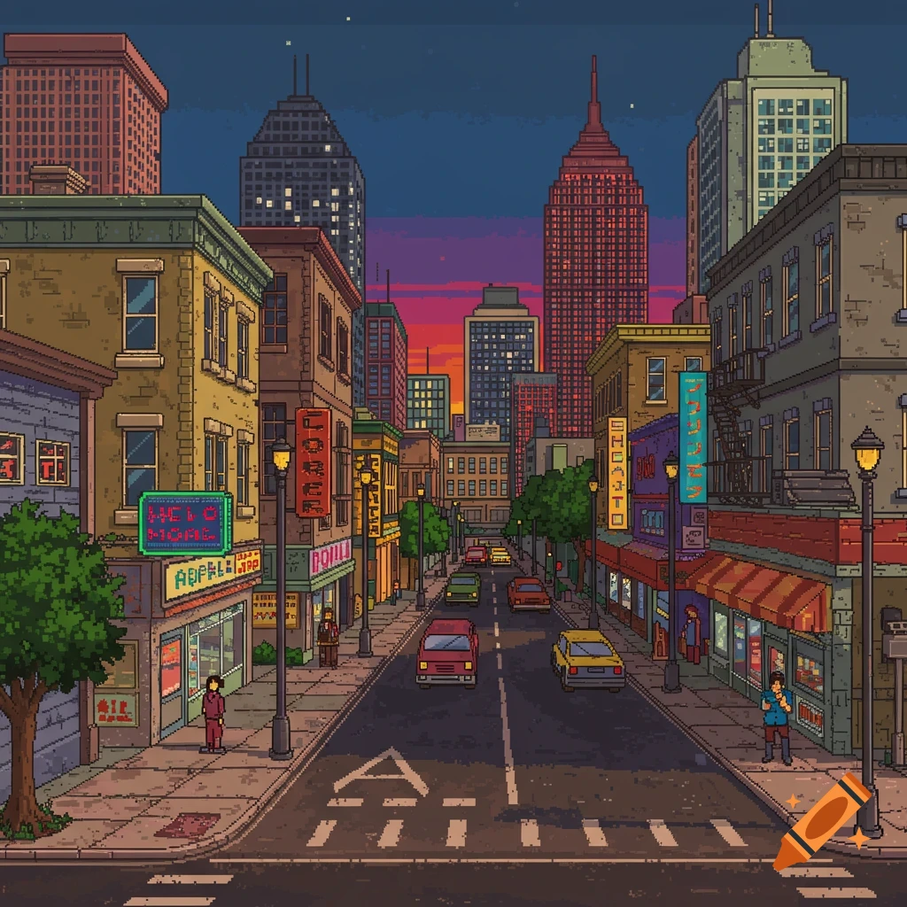 Pixelated street view of an urban city at dusk with buildings, cars, and pedestrians.