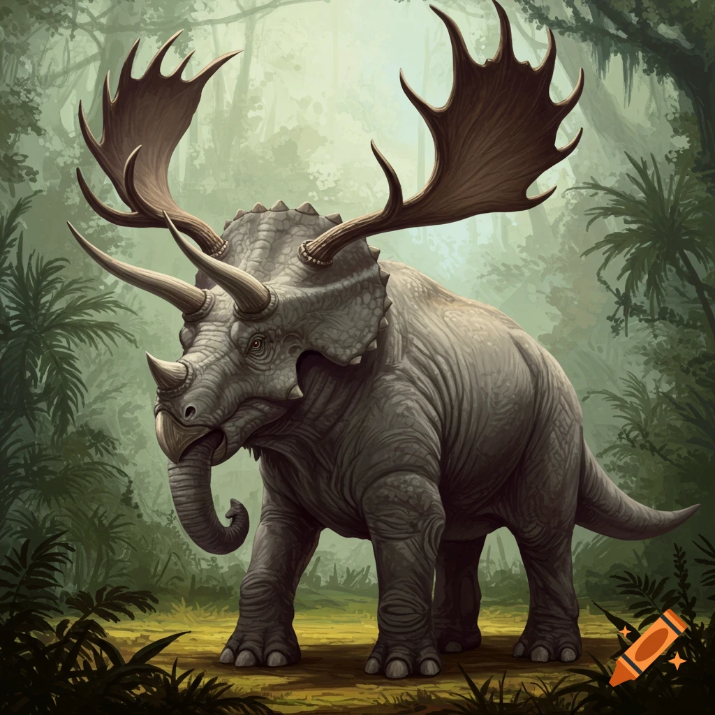 A fantastical creature blending triceratops, elephant, and moose features stands in a forest.