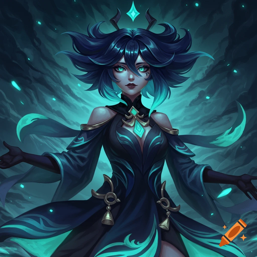 A fantasy female character with dark blue-teal hair and eyes, wearing a dark dress, against a stormy background.