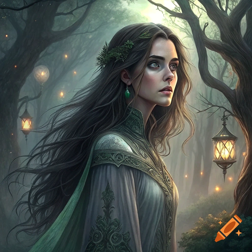 A woman with long brown hair and green fantasy clothing stands in a misty forest with glowing lanterns.